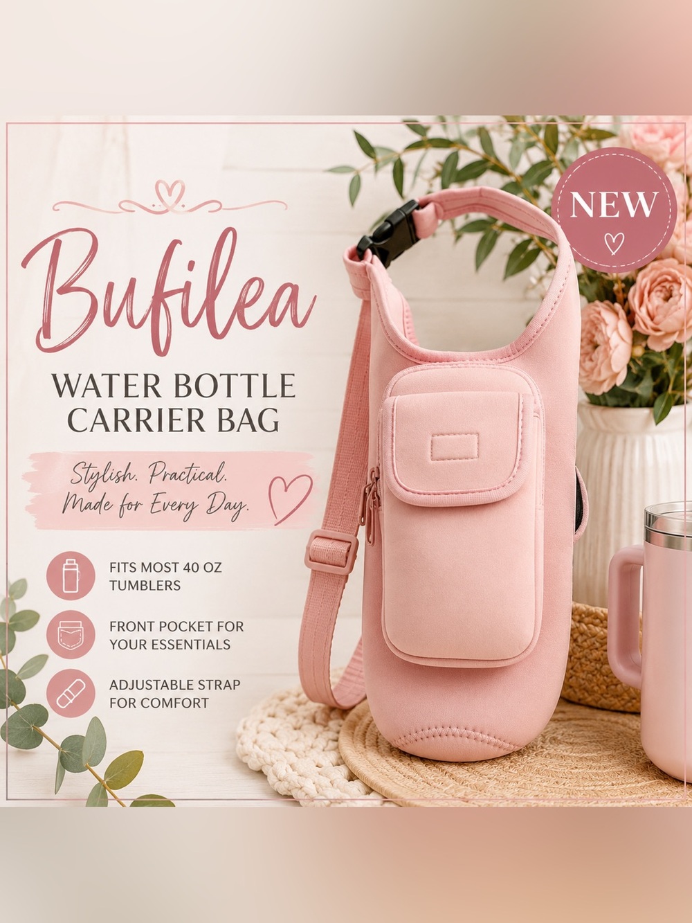 Bufilea Pink Neoprene Water Bottle Carrier Bag w/Phone Pocket & adjustable Strap